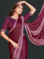 Plum Crepe Satin Silk Ready To Wear Saree